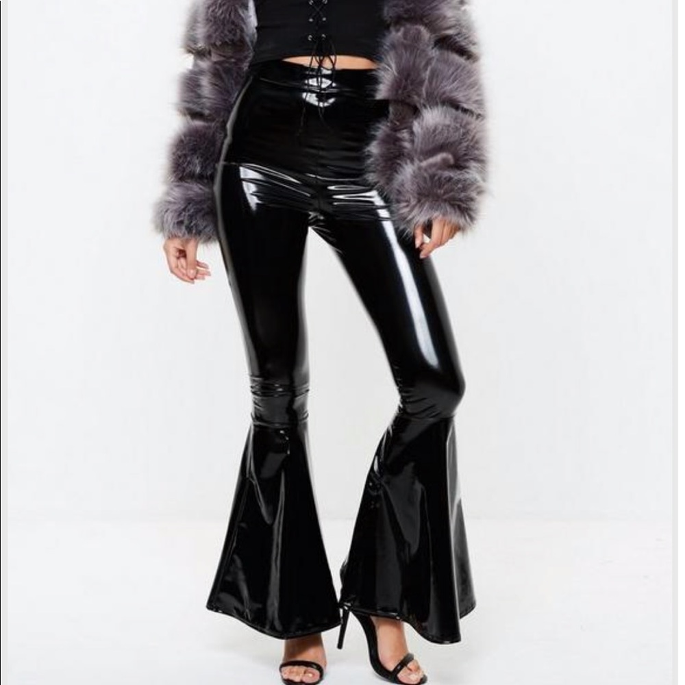 Black vinyl skinny flare trousers